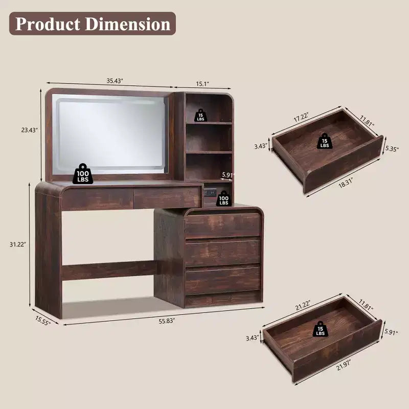 Vanity Desk with 35.4 LED Mirror and Lights, Modern Makeup Vanity Table with Charging Station & Adjustable Shelves