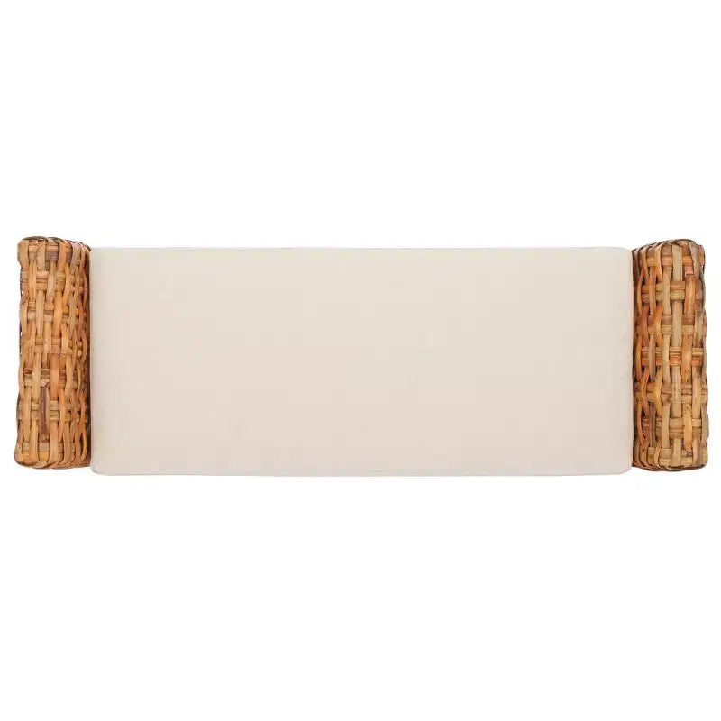 Upholstered Bench with Mango Wood and Rattan Frame, White and Brown