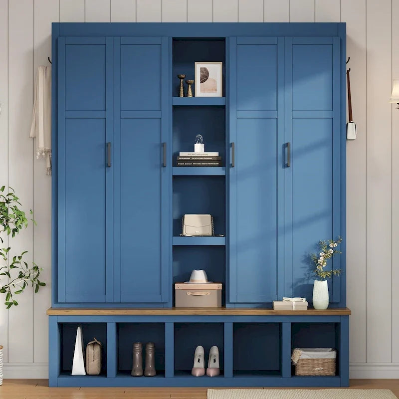 Black / White / Blue Farmhouse Hall Tree with Shoe Cabinet, Bench, Hooks and Open Shelves for 1窶・ Person