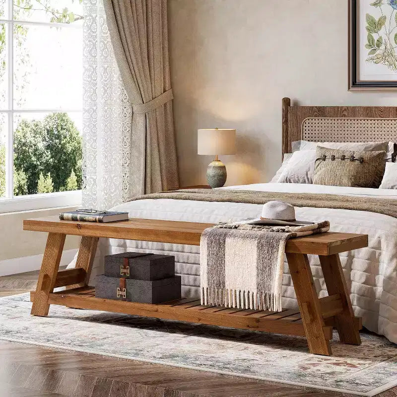 Lantine 63 Solid Wood Shoe Storage Bench , Farmhouse Entryway Bench with Storage Shelf, Dining Bench for Entryway, Bedroom, Mudroom, Rustic Brown