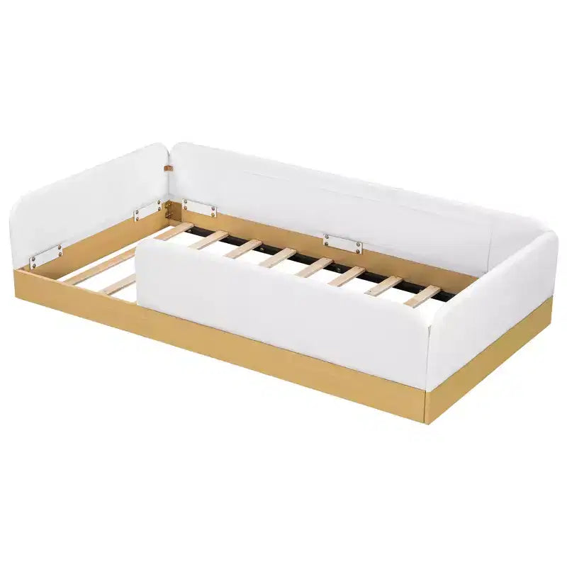 Twin Size Upholstered Platform Bed Frame with Velvet Guardrails & 3 Built-In Storage Bags, Natural