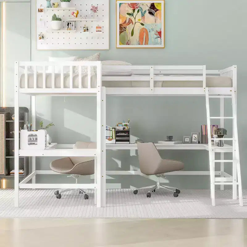 119''L 79.5''W Wood Twin Size L-Shaped Loft Bed with Ladder and 2 Built-in L-Shaped Desks