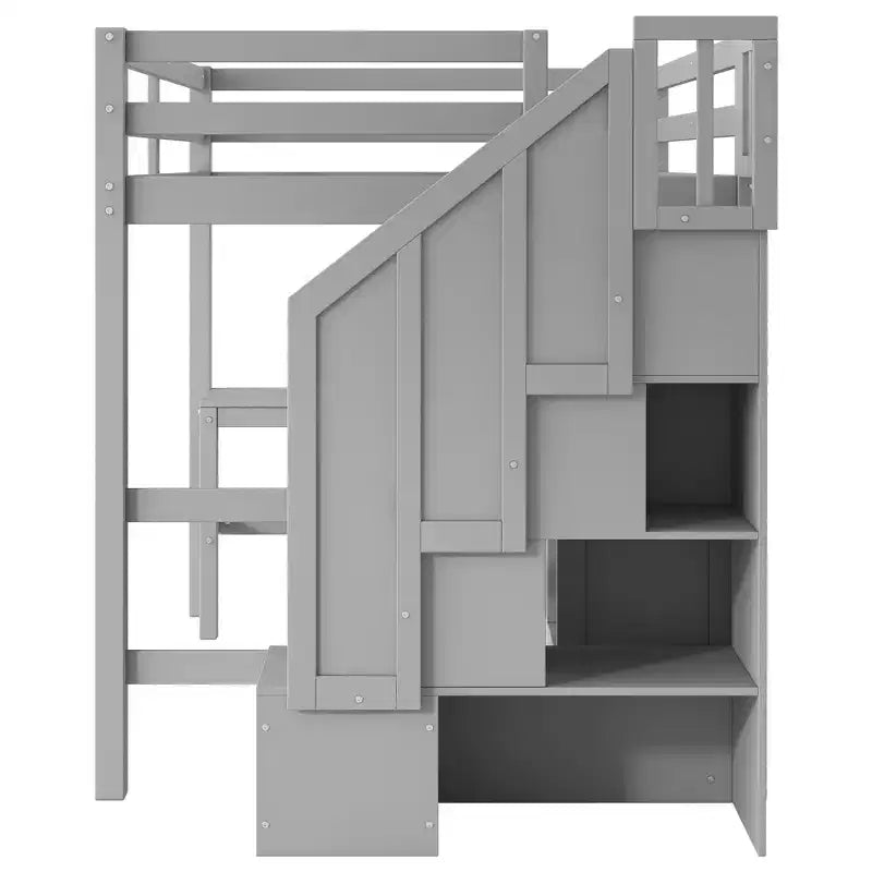 Clihome Full Size Loft Bed with L-Shaped Desk and Drawers, Cabinet and Storage Staircase