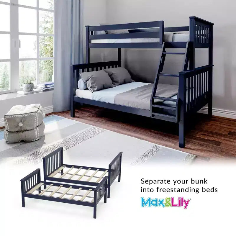 Max & Lily Bunk Bed Twin over Full Size, Solid Wood Bunk Beds with Ladder for Kids