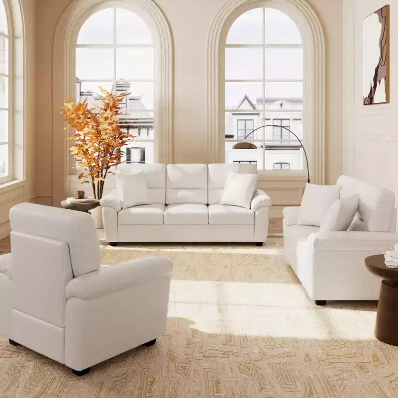 6 seater Living Room Sofa Loveseat Chair Set Faux Leather Couch with Pillows Chocolate Black-Morden Fort