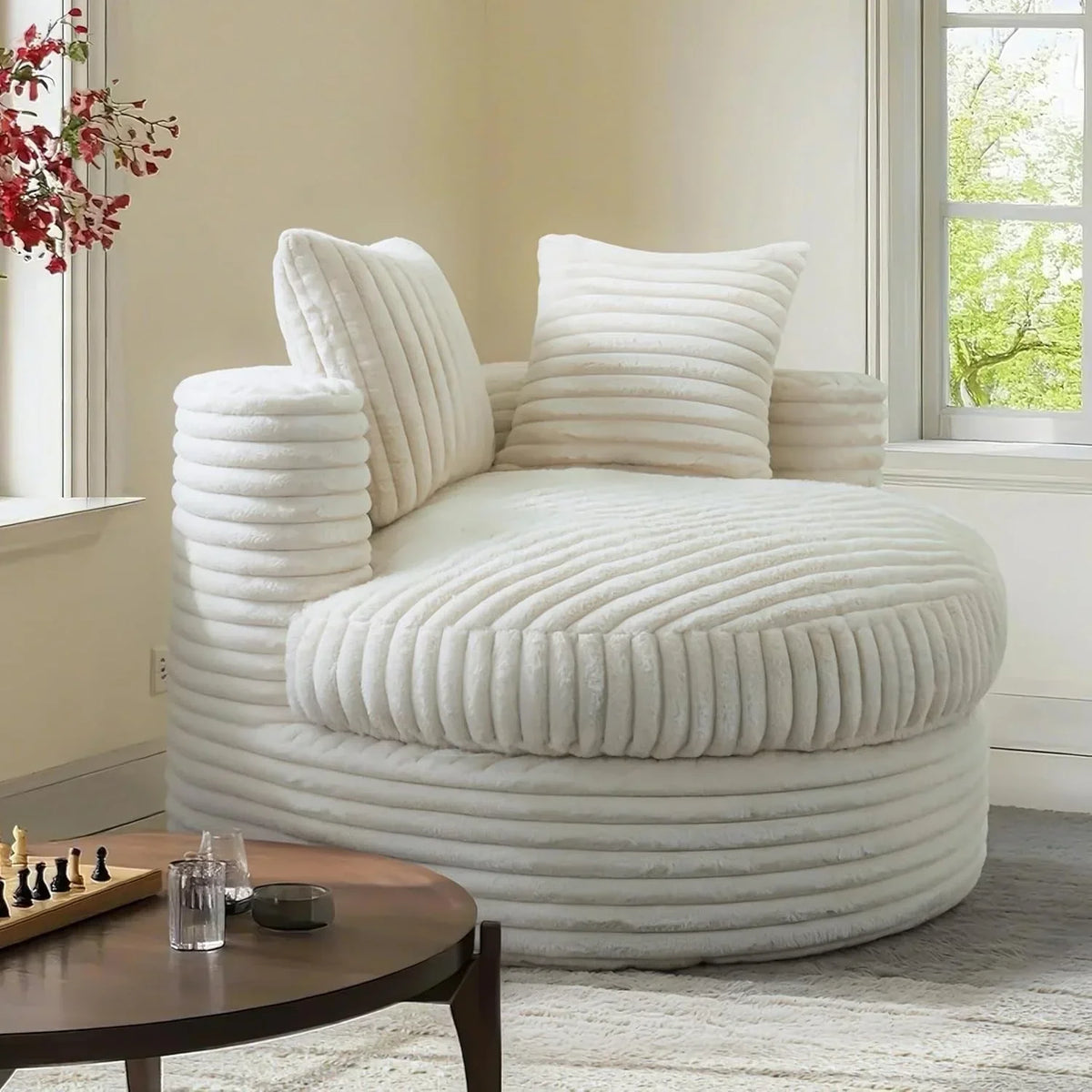 WOWMAX 47 Round Chaise Lounge Chair Indoor, Upholstered Corduroy Floor Sofa Oversized Sleeper Chair with 2 Throw Pillows