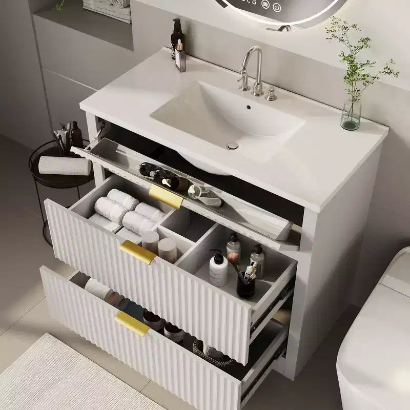 Modern Fluted Bathroom Vanity Set with Integrated Ceramic Basin Freestanding Bathroom Storage Vanity Cabinet with 3 Drawers for Contemporary Bathroom