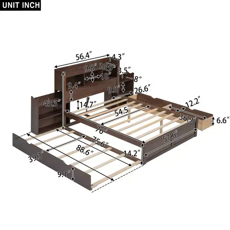 Full Storage Platform Bed with Trundle, Bookcase Headboard and Charging Station, Wooden Full Size Bed Frame with Shelves and Drawers