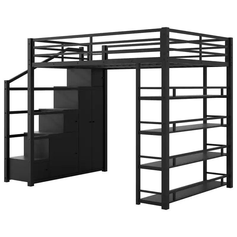 Queen Size Metal Loft Bed with Storage Shelves, Cabinets and Wardrobe