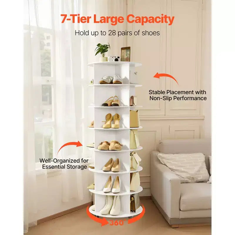 VEVOR 7 Tiers Rotating Shoe Rack Tower with Wheels, Movable 360 Spinning Carousel Display, Lazy Susan Organizer Closet Shelf, White