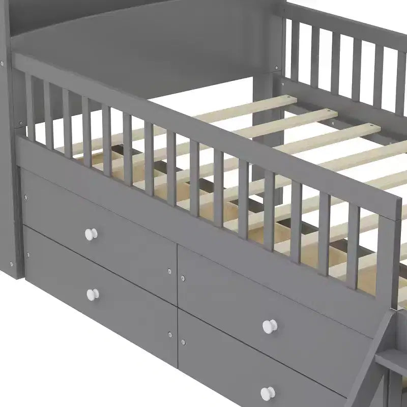 Whisen Twin Wooden Bed Frame, Platform Bed Frame with Storage 4 Drawers, Guardrail Headboard and Ladder