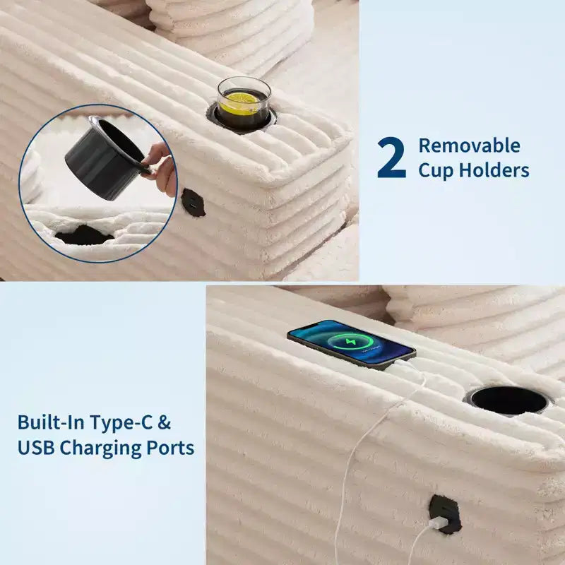 Canapé 3 places en velours côtelé avec porte-gobelets et ports de charge