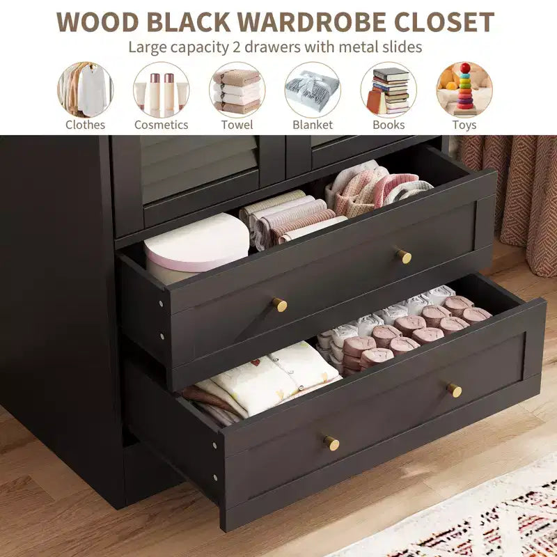 Armoire à persiennes GustoWave 65, Placard en bois avec 2 portes et 2 tiroirs, Rangement avec tringle à suspendre pour chambre à coucher