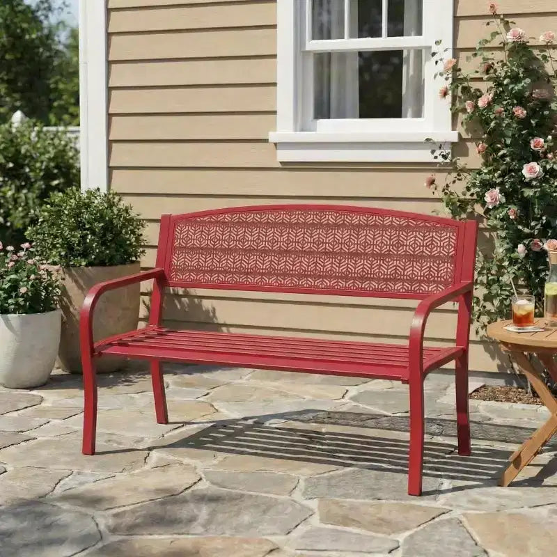 2 Person Metal Outdoor Bench for Garden, Steel Benches Furniture with Geometric Backrest for Patio, Garden & Porch