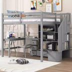 Clihome Full Size Loft Bed with L-Shaped Desk and Drawers, Cabinet and Storage Staircase