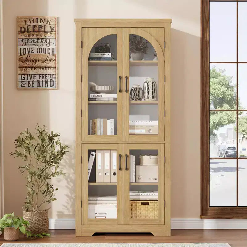 70 Tall Kitchen Pantry Cabinet, Modern Display Cabinet with 4 Arched Glass Doors and Adjustable Shelves, for Kitchen, Living Room, Dining, Bathroom