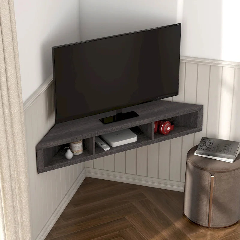 47 Corner Floating TV Stand, 3 Shelves, Transitional Style, Space-Saving Wall Mount