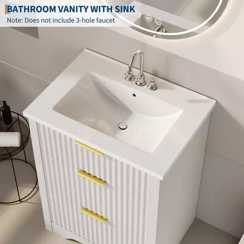 Modern Fluted Bathroom Vanity Set with Integrated Ceramic Basin Freestanding Bathroom Storage Vanity Cabinet with 3 Drawers for Contemporary Bathroom