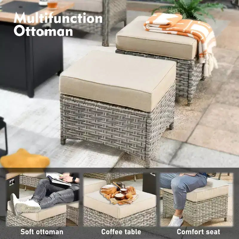 HOMLUX 6 PCS Patio Wicker Conversation Set 3-Seat Sofa with Cushion, Rattan Chairs, Ottomans, Coffee Table
