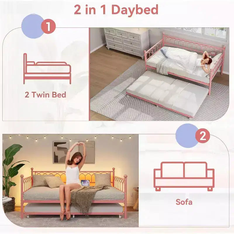 Twin Daybed with Trundle,with Charging Station & LED Lights,Metal Sofa Bed Frame with Pull Out Trundle for Living Room,Bedroom,Guest Room,Apartment