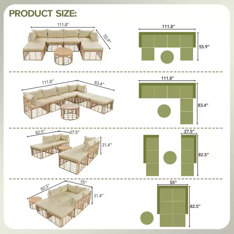 Whisen Weather-Resistant Rattan Outdoor Sectional Sofa Set Patio Couch Set with Thick Cushions and Pillows, Freely Combined Conversation Sets