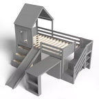 Letto a soppalco singolo con 3 cassetti e scala contenitore, struttura a casetta in legno con scivolo e scrivania rimovibile
