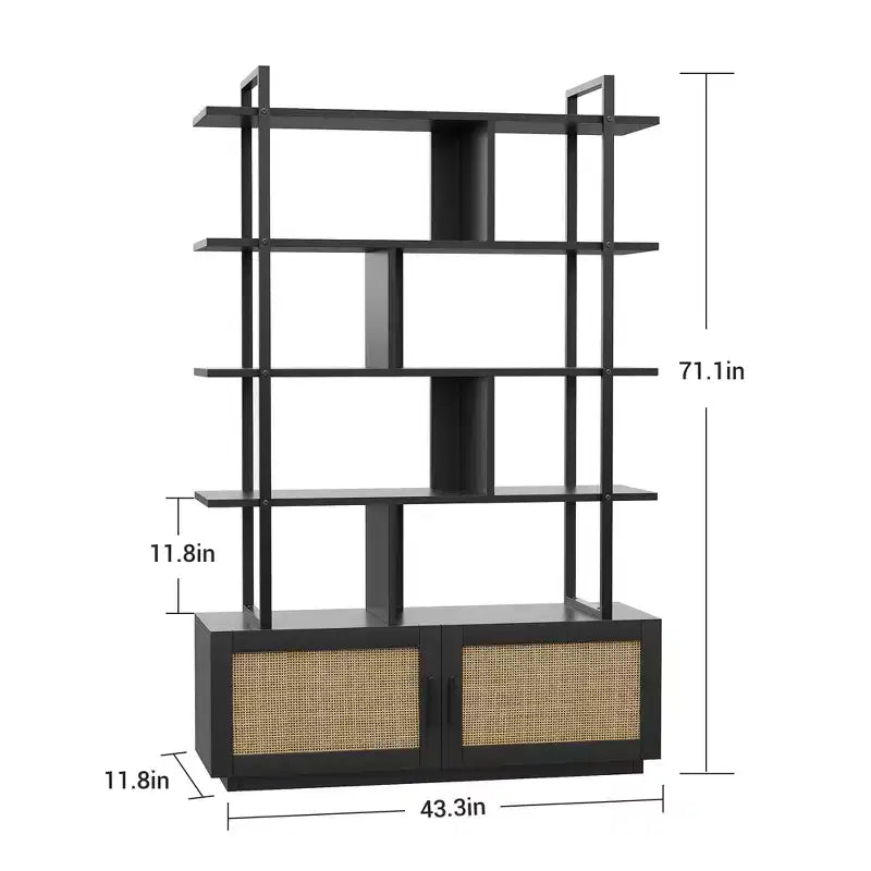 Bibliothèque en rotin GustoWave, étagère industrielle de 180,6 cm de haut avec porte de rangement, étagère à 5 niveaux avec cadre métallique pour salon
