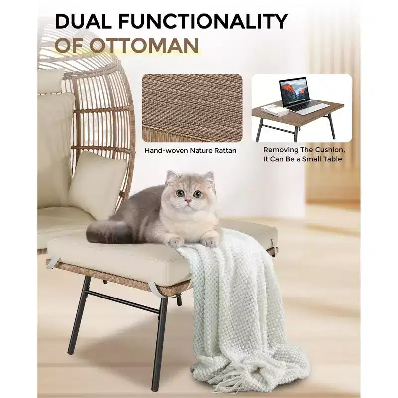 Oversize Wicker Egg Chair with Ottoman - Egg Shaped Lounge with Thick Cushion, Comfy Egg Rattan Seat, Indoor Outdoor Use, for Patio Porch Backyard