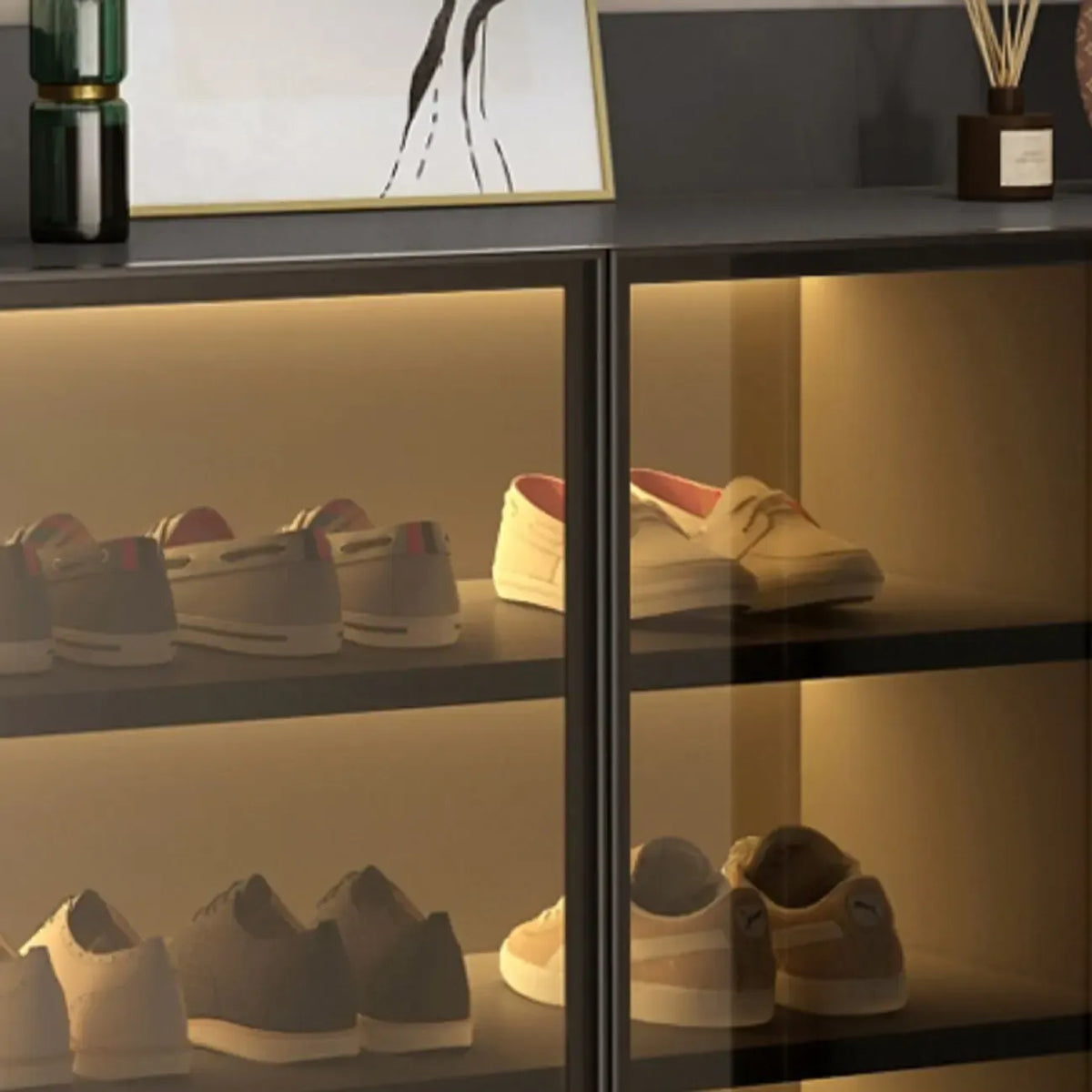 Led-lit Shoe Cabinet with Adjustable Shelves Transparent Doors
