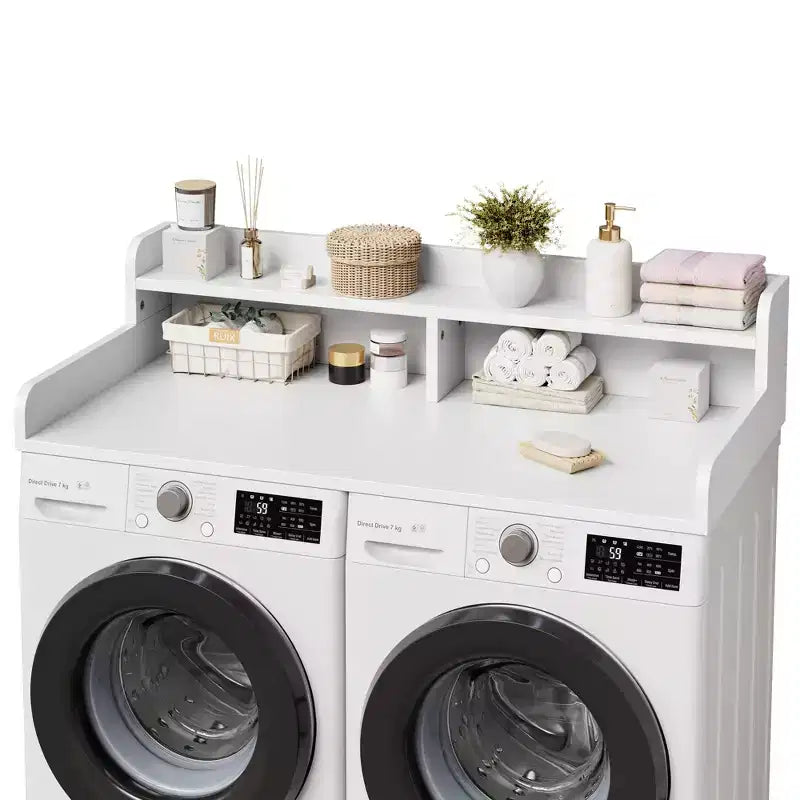 Wood Washer and Dryer Topper, 54 Laundry Countertop with 2-Tier Storage Shelf, Anti-Slip Work Surface with Guardrails for Laundry Organization