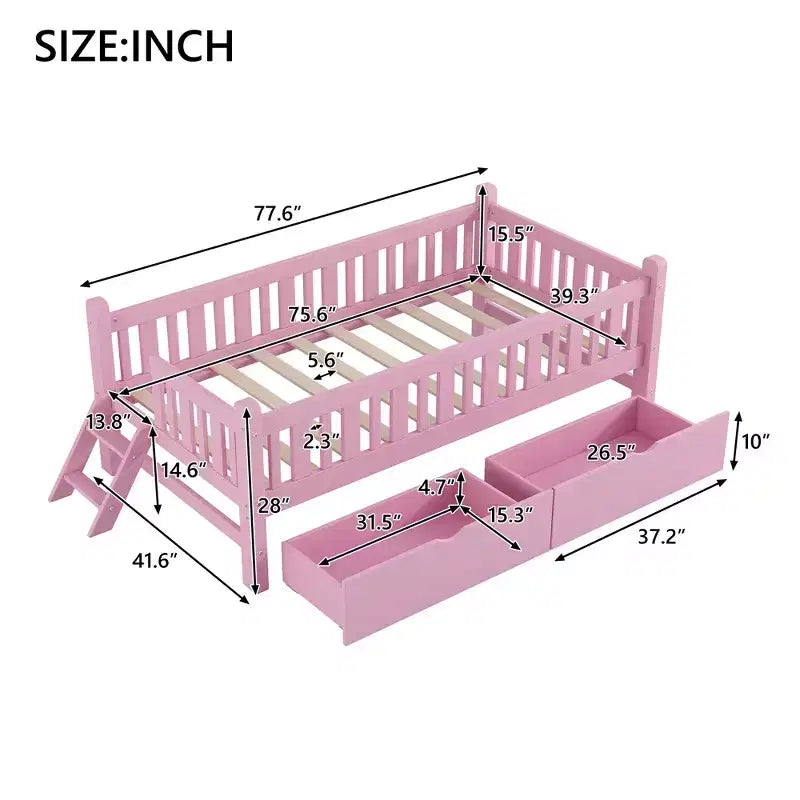 Whisen Twin Size Wood Platform Bed with Guardrail and 2 Drawers
