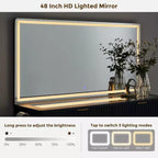 48 Fluted Makeup Vanity Desk with Mirror and Lights, Modern Vanity Table with 8 Drawers & Charging Station, Vanity Desk with Glass Top