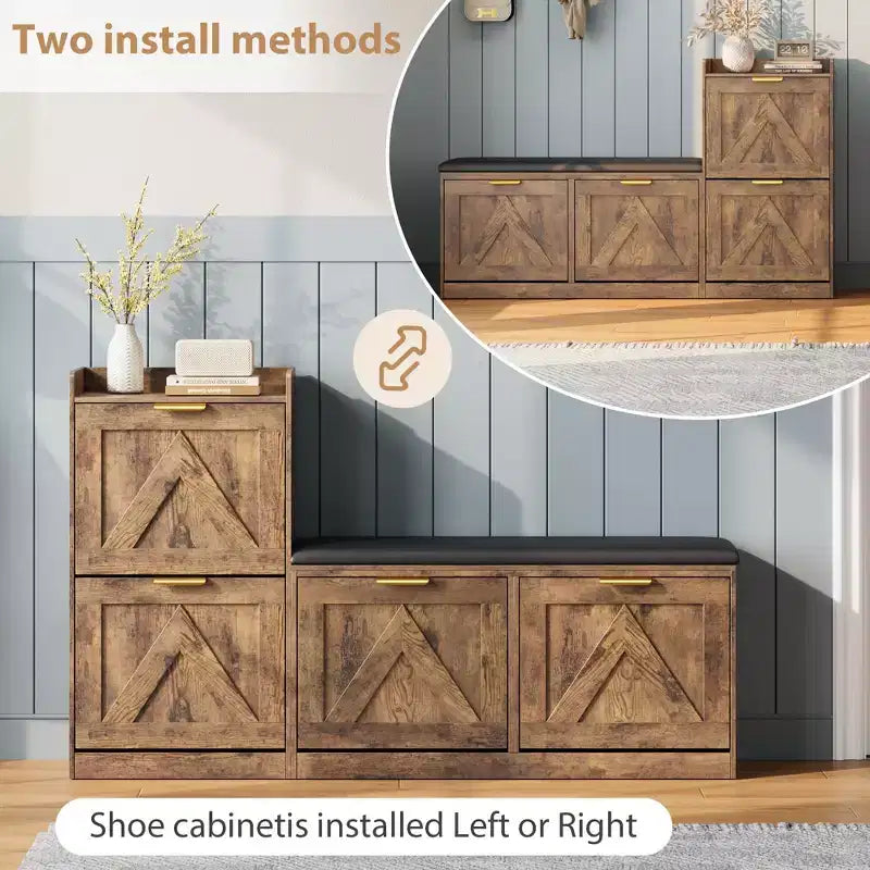 Farmhouse Shoe Cabinet with Bench, 4 Flip Drawers Entryway Shoe Storage Organizer with Comfort Cushioned Seat, Freestanding Shoe Rack Bench