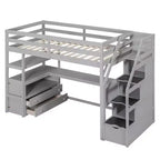 Lit superposé en bois massif Okak taille normale/double avec 2 tiroirs intégrés et escalier de rangement, lit mezzanine avec bureau et étagères pour enfants et adolescents, facile à assembler