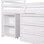 Full Size Low Loft Bed with Rolling Desk, 3 Drawers and Shelves