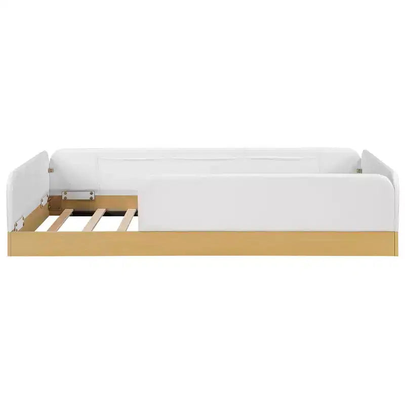 Twin Size Upholstered Platform Bed Frame with Velvet Guardrails & 3 Built-In Storage Bags, Natural