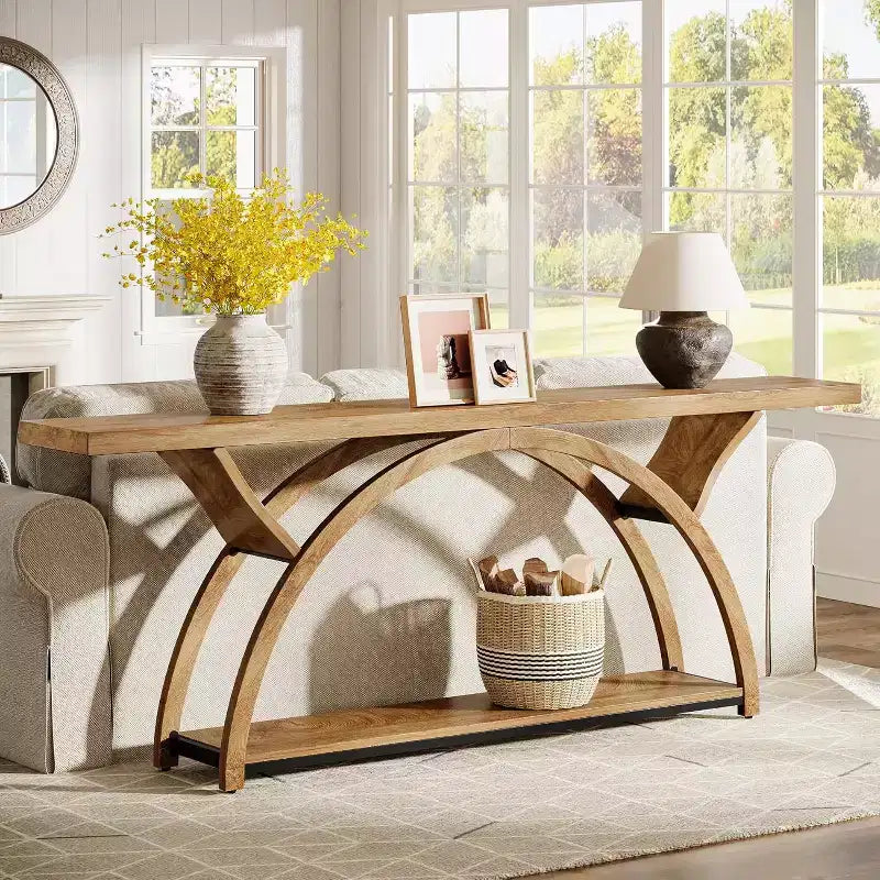 70.87 Industrial Console Sofa Table with 2-Tier Storage Shelves, Light Brown
