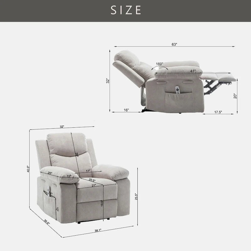Velvet Adjustable Massage Function Power Recliner Chair with Heating System