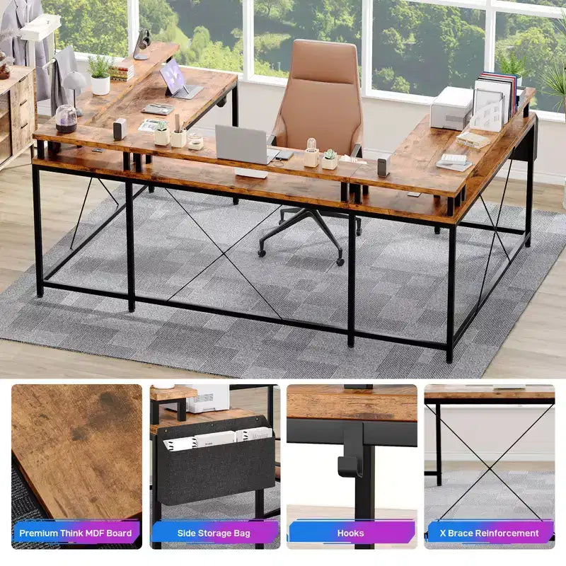COZONY 78 U/L Shaped Gaming Desk, Reversible Computer Desk with Power Outlets, LED Lights, Monitor Stand & Storage Shelf, Corner Desk for Home Office
