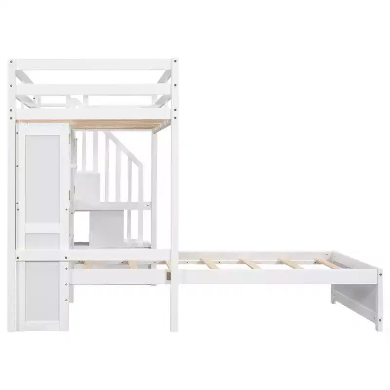 Wood Twin Size Bunk Bed with Desk and Staircase, L-Shaped Twin over Twin Loft Bed with Storage Compartments and Shelves