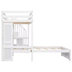 Wood Twin Size Bunk Bed with Desk and Staircase, L-Shaped Twin over Twin Loft Bed with Storage Compartments and Shelves