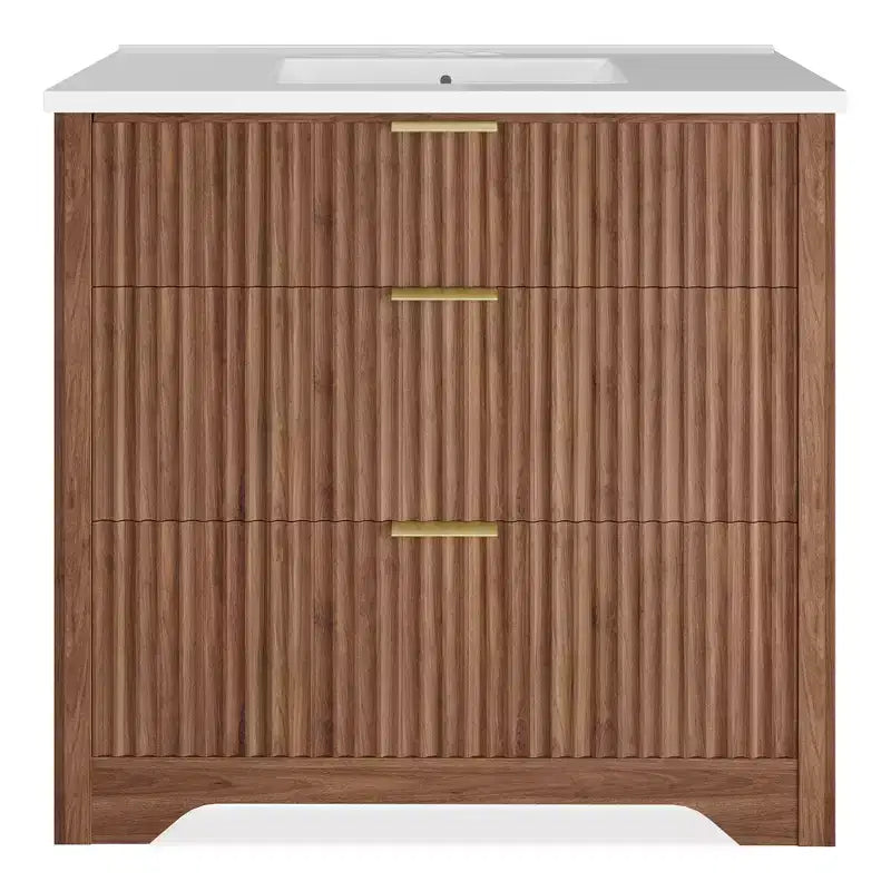 Modern Fluted Bathroom Vanity Set with Integrated Ceramic Basin Freestanding Bathroom Storage Vanity Cabinet with 3 Drawers for Contemporary Bathroom