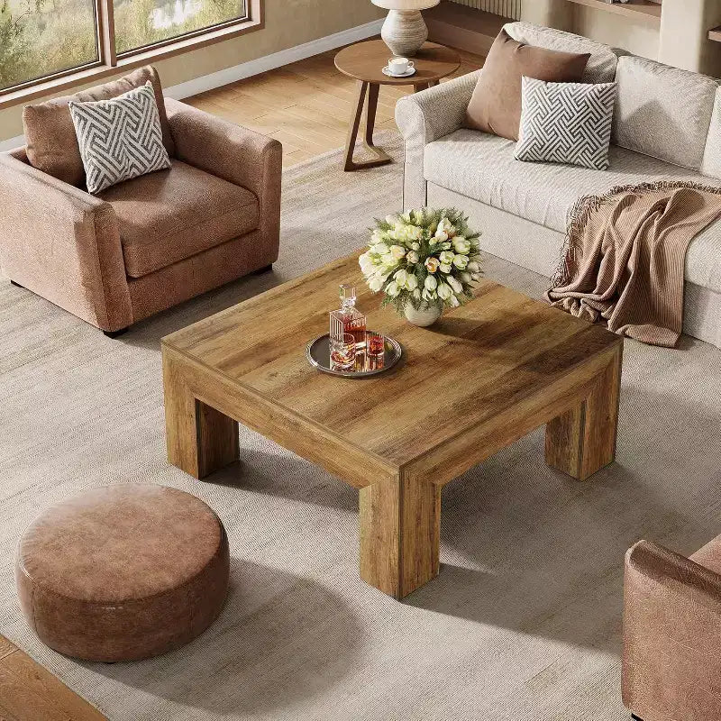 Table basse carrée Lantine de 99 cm pour salon, table basse d'appoint style ferme avec pieds en bois robustes, montage facile