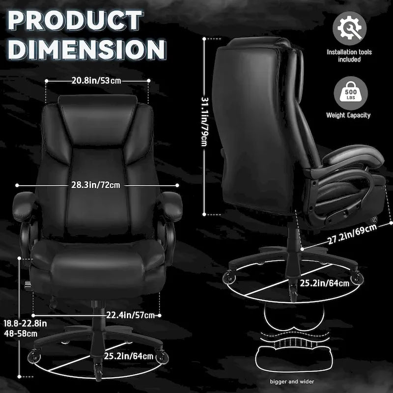 Bossin Big and Tall Executive Office Chair,500LBS Adjustable Lumbar Support Ergonomic Chair with High Back PU Leather Computer