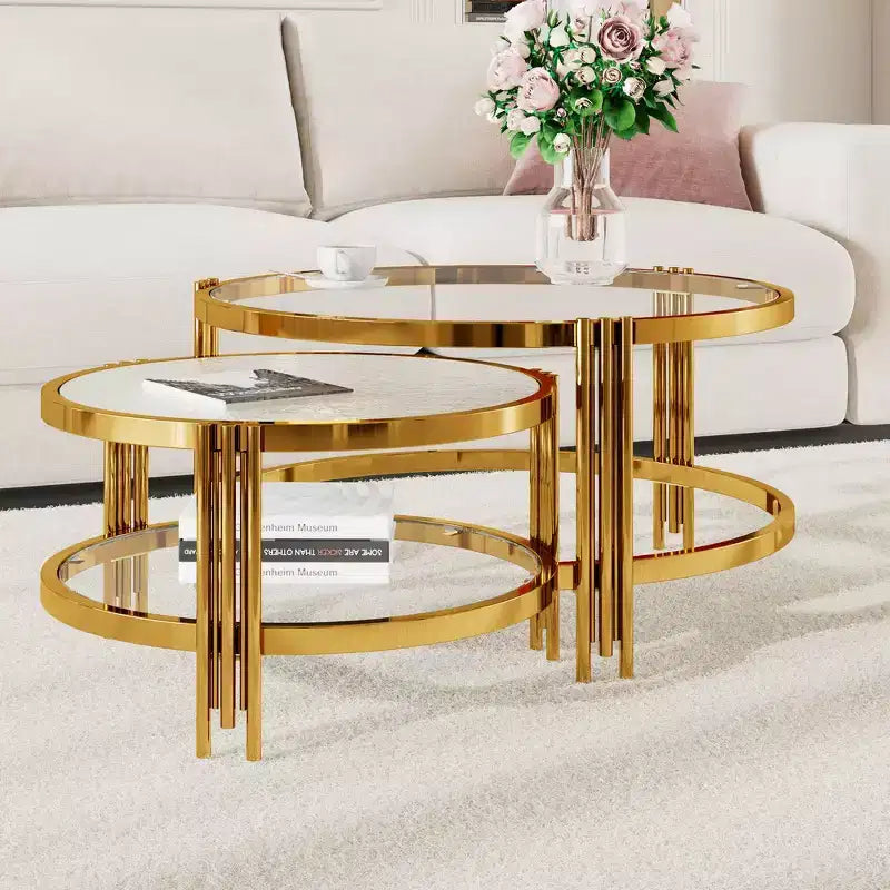 Whisen Modern 2 - Pièces Finition Or avec Verre Texturé Table Basse, Tables Basses Gigognes en Verre Trempé - Transparent & Doré
