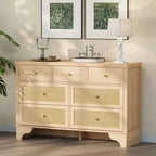 7 Drawer Dresser for Bedroom, 47.3 Wide Natural Rattan Chest of Drawers, Wood Boho Clothing Storage Organizer, for Living Room
