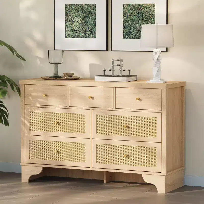 7 Drawer Dresser for Bedroom, 47.3 Wide Natural Rattan Chest of Drawers, Wood Boho Clothing Storage Organizer, for Living Room