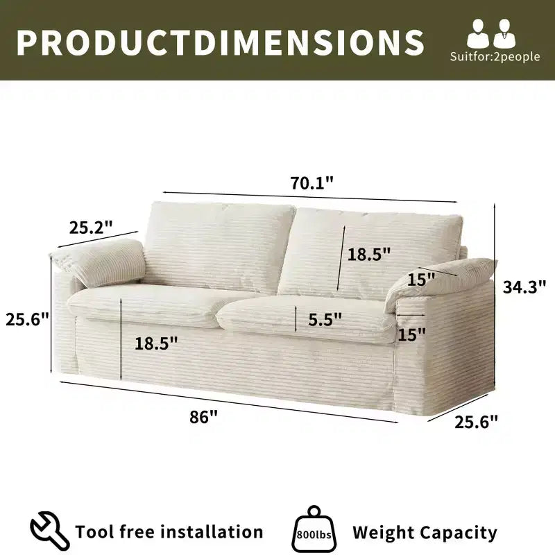 Dyonery 86 Cloud Loveseat Sofa, Deep Seat & Wide Armrest Pillows, Sturdy Frame, Breathable Ergonomic Design
