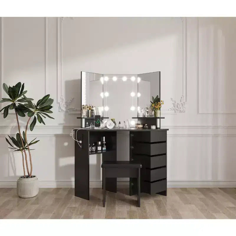 Corner Makeup Vanity Desk with Lights, Dressing Table with Power Outlet and Rotating Drawers for Bedroom