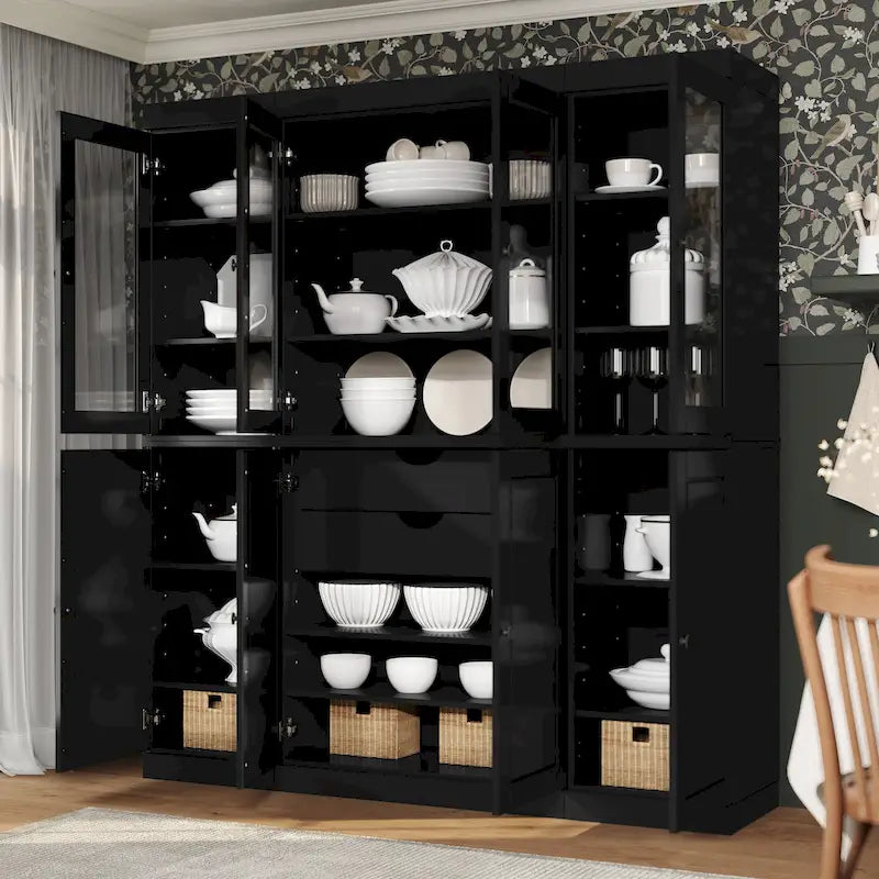 100% Solid Wood Kitchen China Pantry Buffet with Glass or Solid Wood Doors and 2-Drawer Kit 65 x 71.5